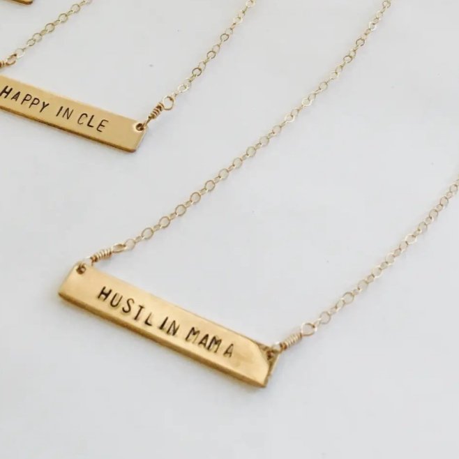 Stamped Gold Horizontal Bar Necklace